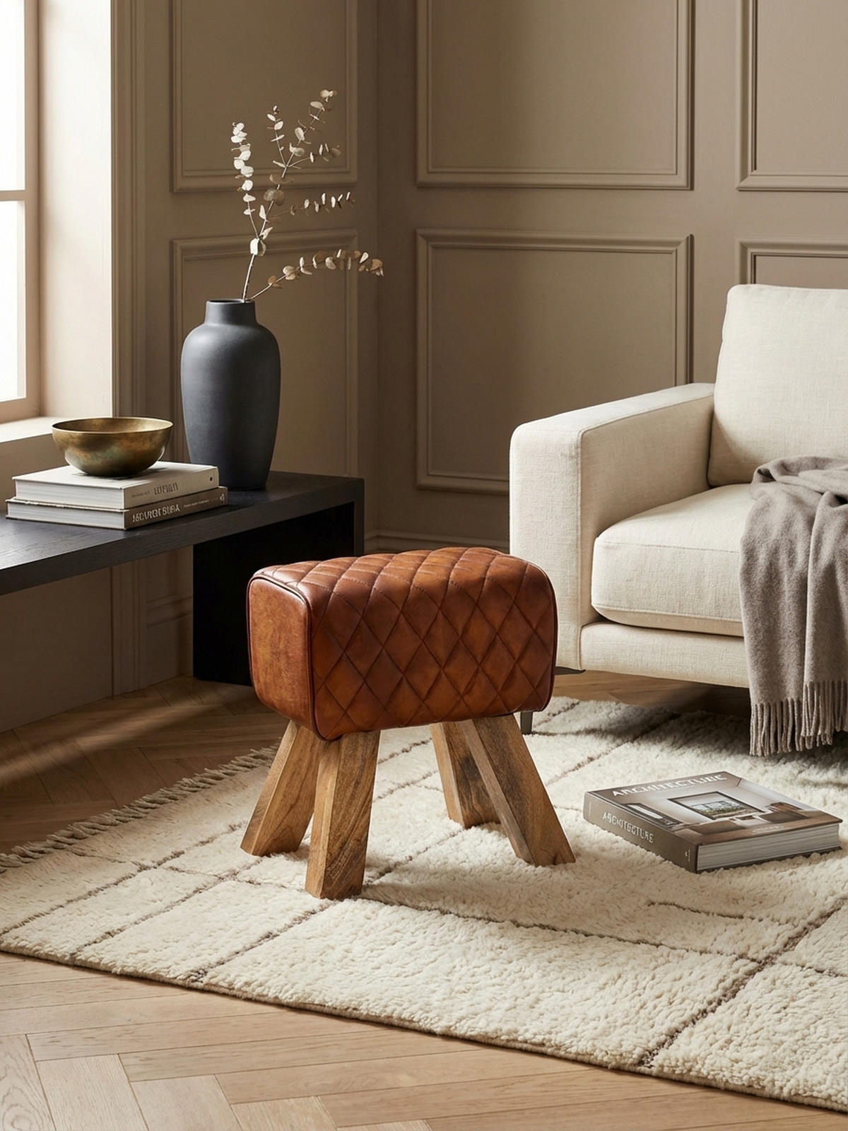 SITZHOCKER – Echtleder, Rautenmuster, robust - Braun, Mangoholz/Leder (40/48/27cm) - KADIMA DESIGN
