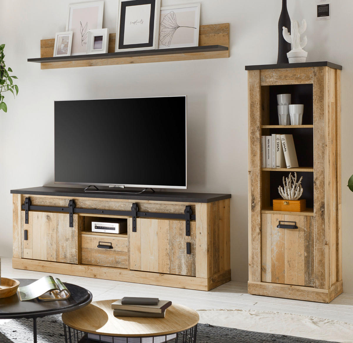 WOHNWAND Used Wood hell, anthrazit 3-teilig 233 cm, Schrankwand mit Soft-Close - Anthrazit/Schwarz, Holzwerkstoff/Metall (233/170/43cm) - Furn.Design