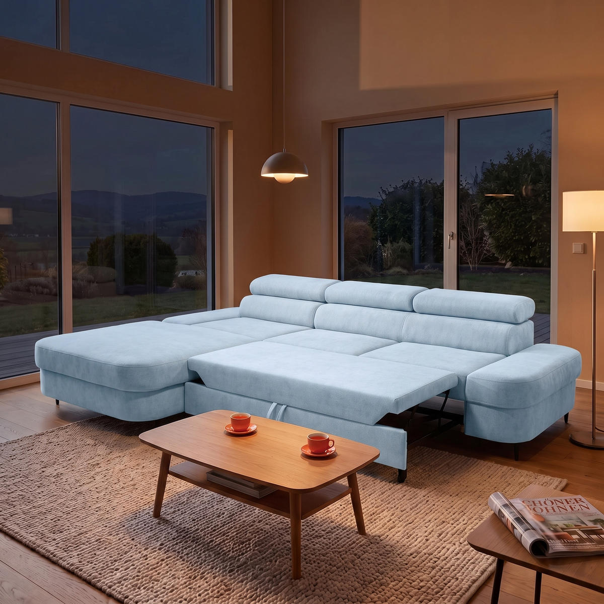 ECKSOFA JAZZ L Links mit Schlaffunktion 127x216 Velours Hellblau - Schwarz/Hellblau, Holz/Textil (285/237cm) - Muffo