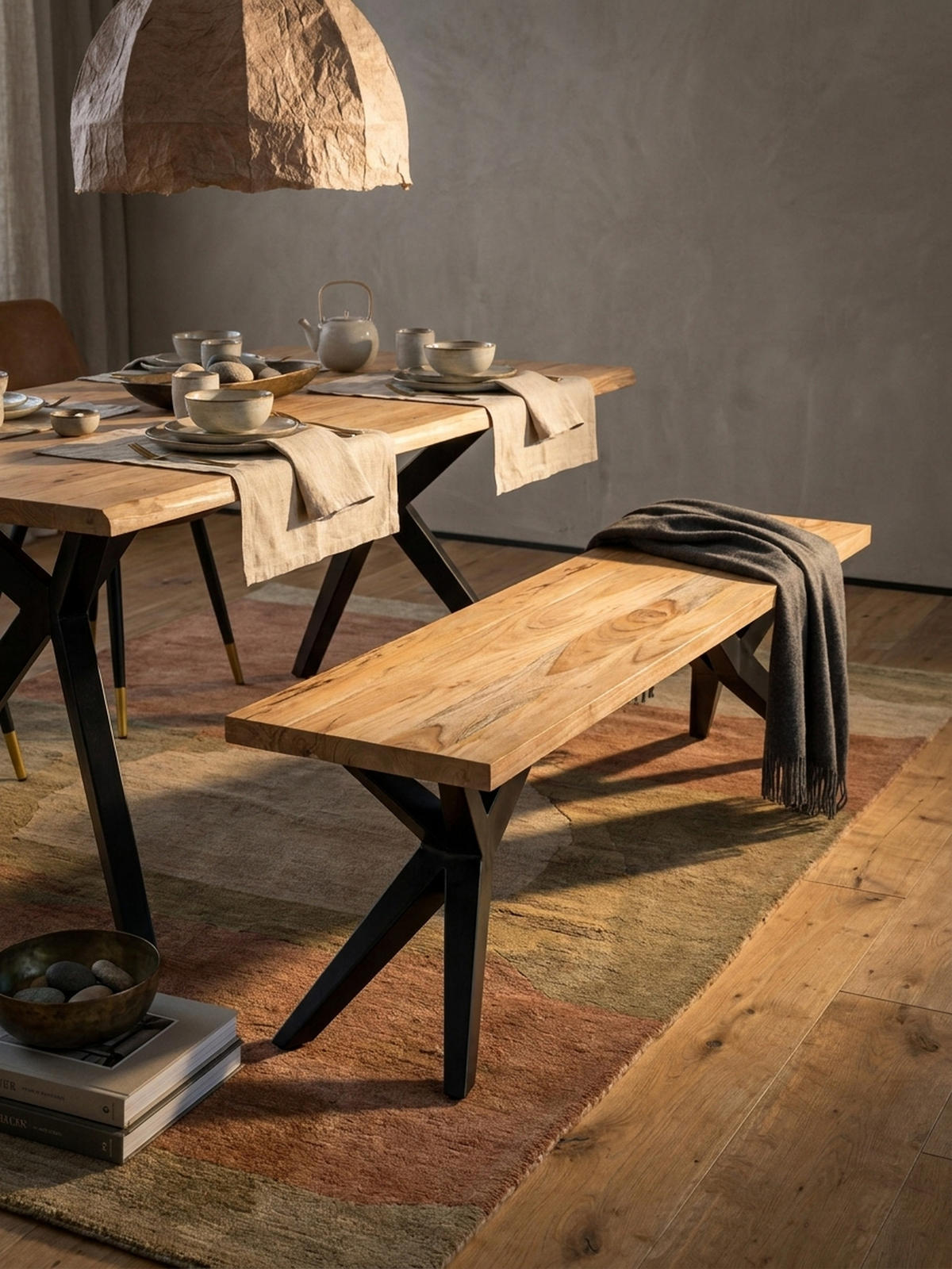 ESSZIMMERBANK Massivholz Metall Loft-Stil, Akazie 175x45x45 cm - Schwarz/Braun, Holz/Metall (175/45/45cm) - KADIMA DESIGN