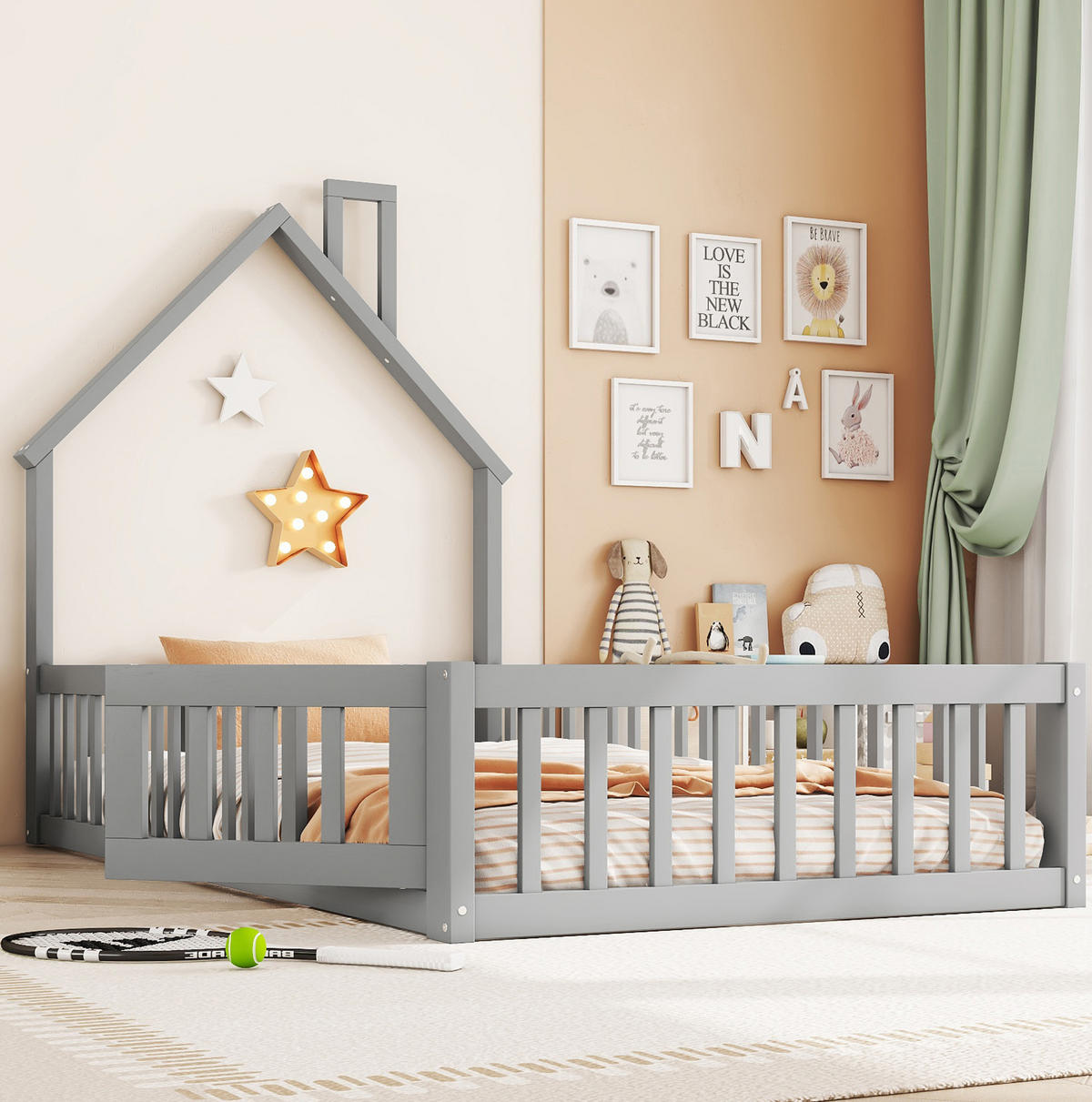 HAUSBETT Schornsteinform 90/200 cm, Grau mit Sicherheitsgitter - Grau, Holz (90/200cm) - MIVRAY