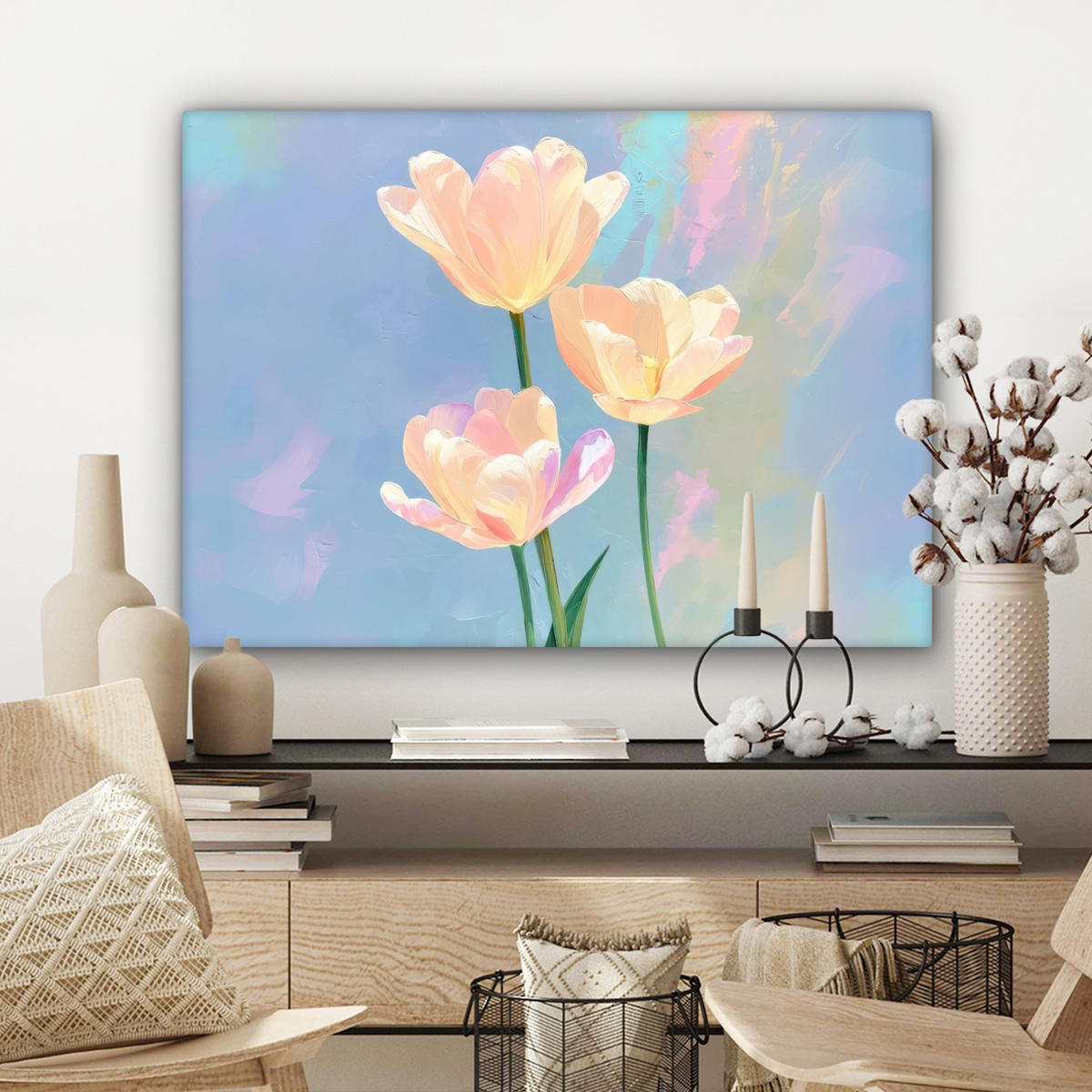 LEINWANDBILD Tulpen - Rosa Akzente - Blau Wandbilder 80x60 cm - Pastellblau, Textil (80/60cm) - MuchoWow