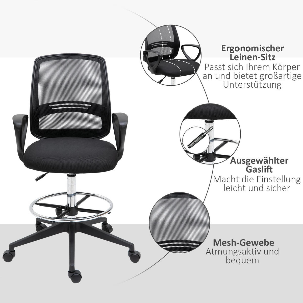 BÜROSTUHL höhenverstellbar mit Fußstütze Schwarz - Schwarz, Kunststoff (60/126/59.5cm) - Meubliv