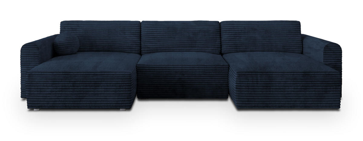 WOHNLANDSCHAFT FENTO Blau Kordstoff mit Schlaffunktion - Blau, Holz (347/90/148cm) - MASSENO