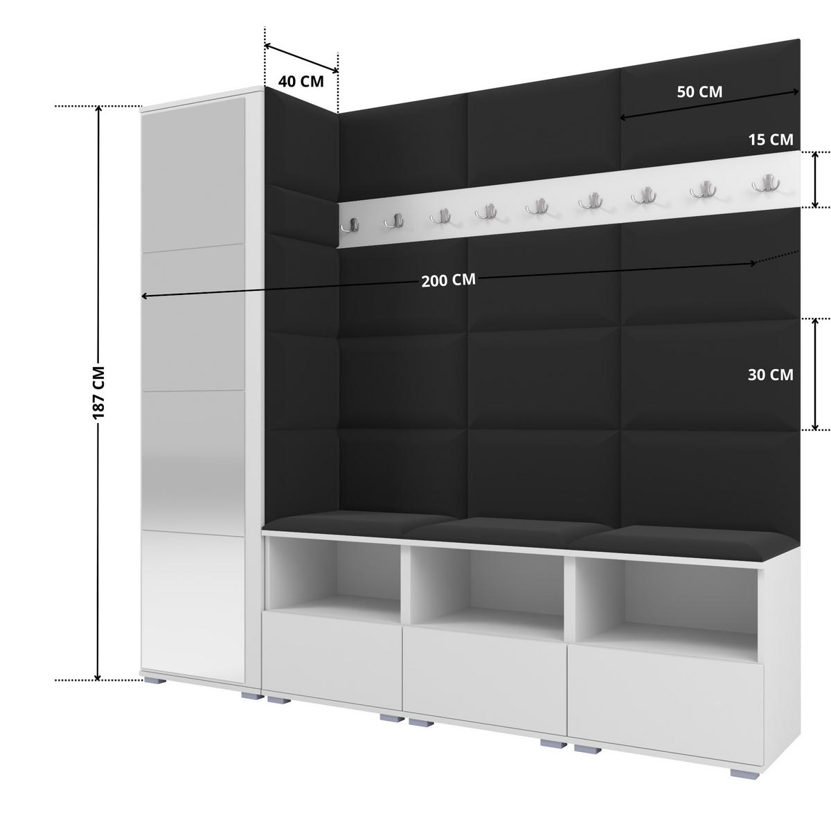 GARDEROBE NELA IX 200 cm (Modulare Flurmöbel Weiß mit Spiegel & Sitzpolster Schwarz 16 Breite Sitzbank) - Silberfarben/Schwarz, Holz/Holzwerkstoff (200/187/40cm) - Ravio