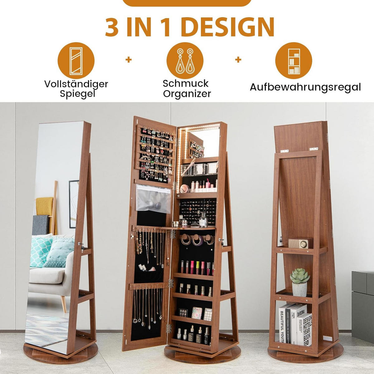 SCHMUCKSCHRANK Braun - Braun, Holz (55/161/55cm) - COSTWAY