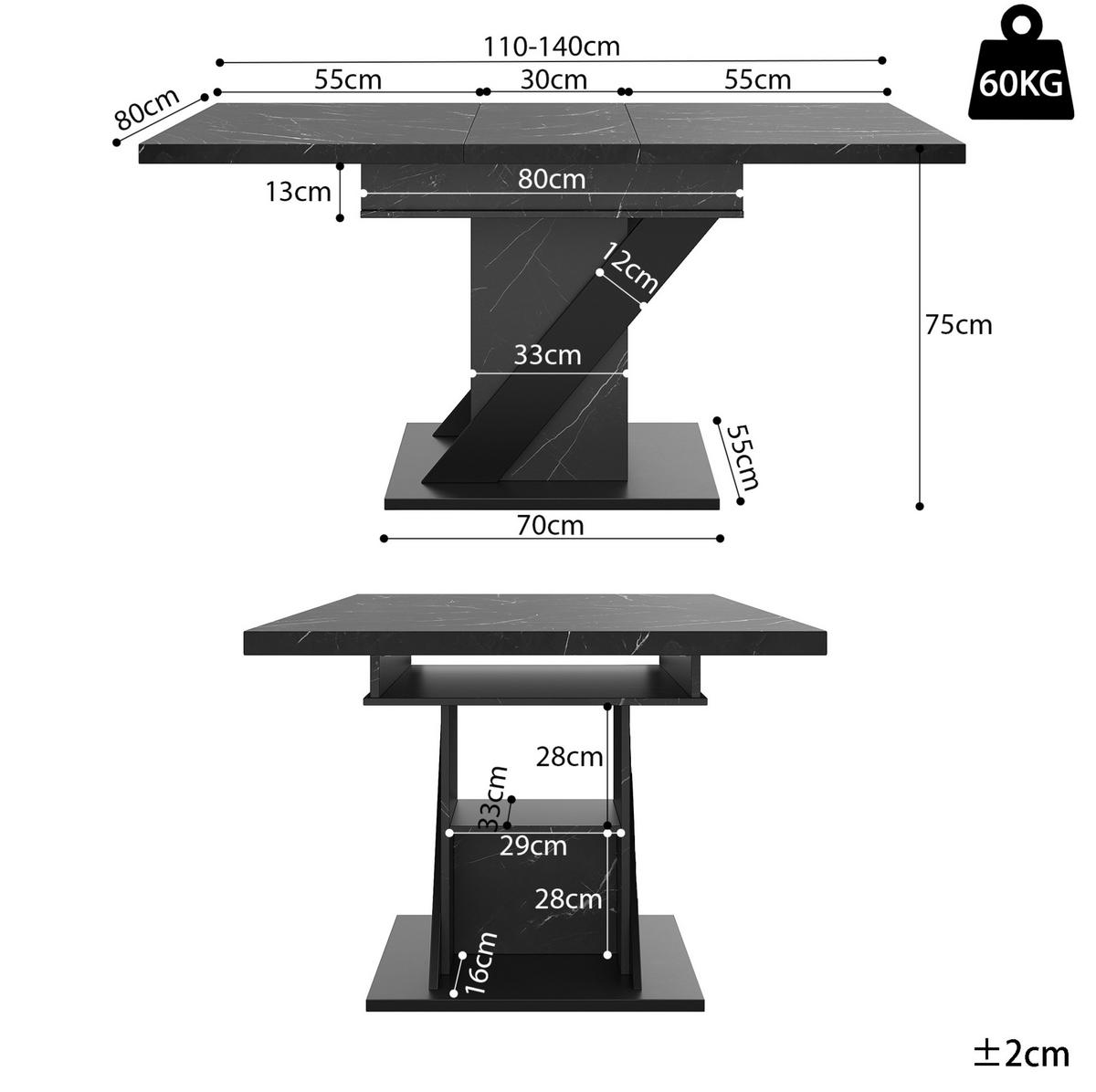 ESSTISCH aus MDF und Metall 110-140x80x75 cm Schwarz mit Ausziehfunktion und platzsparendem Design - Schwarz, Holzwerkstoff (110/80/75cm) - Modfu
