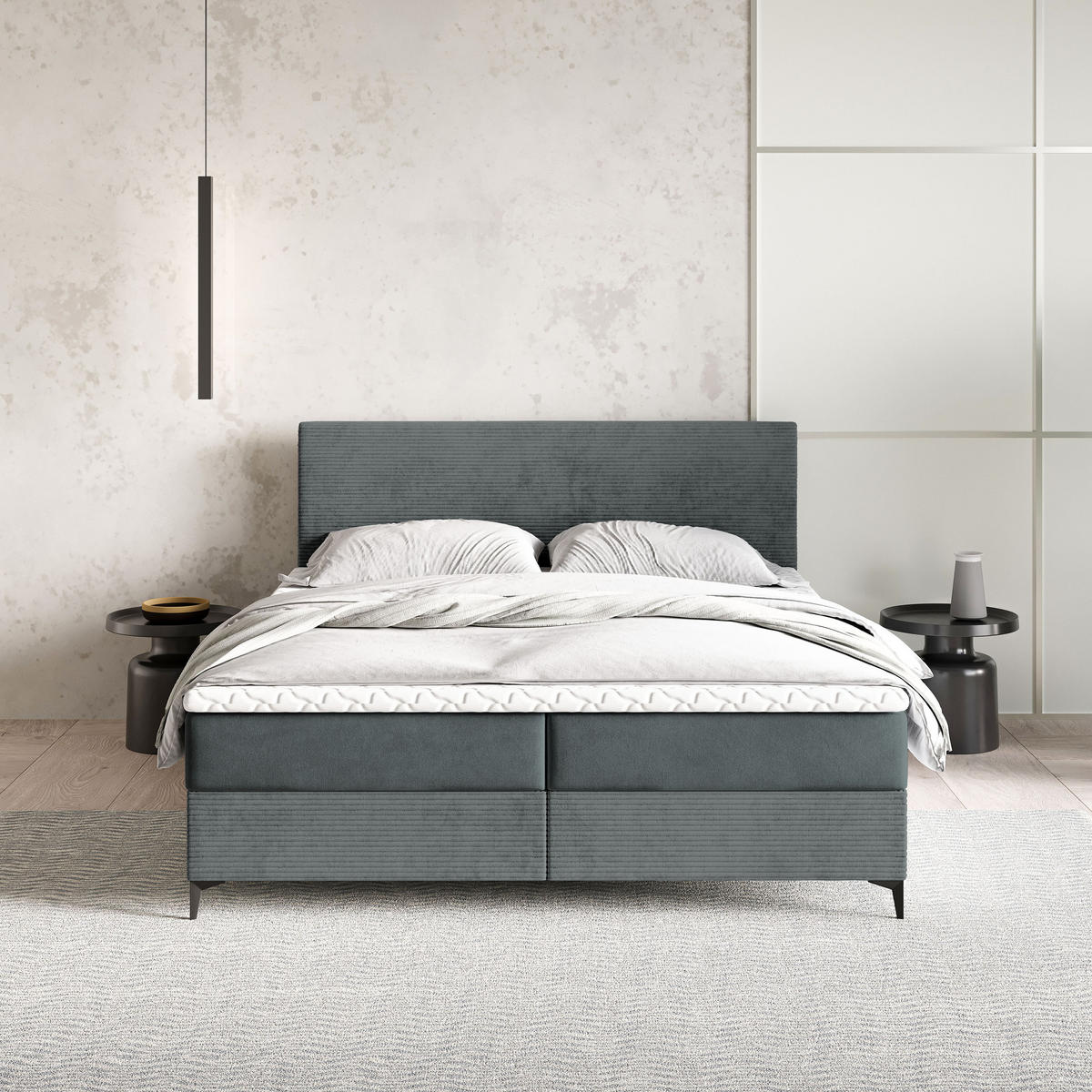 BOXBETT TORREL 140x200 cm mit Matratze und Topper - Grau - Grau, Holz (140/200cm) - MASSENO