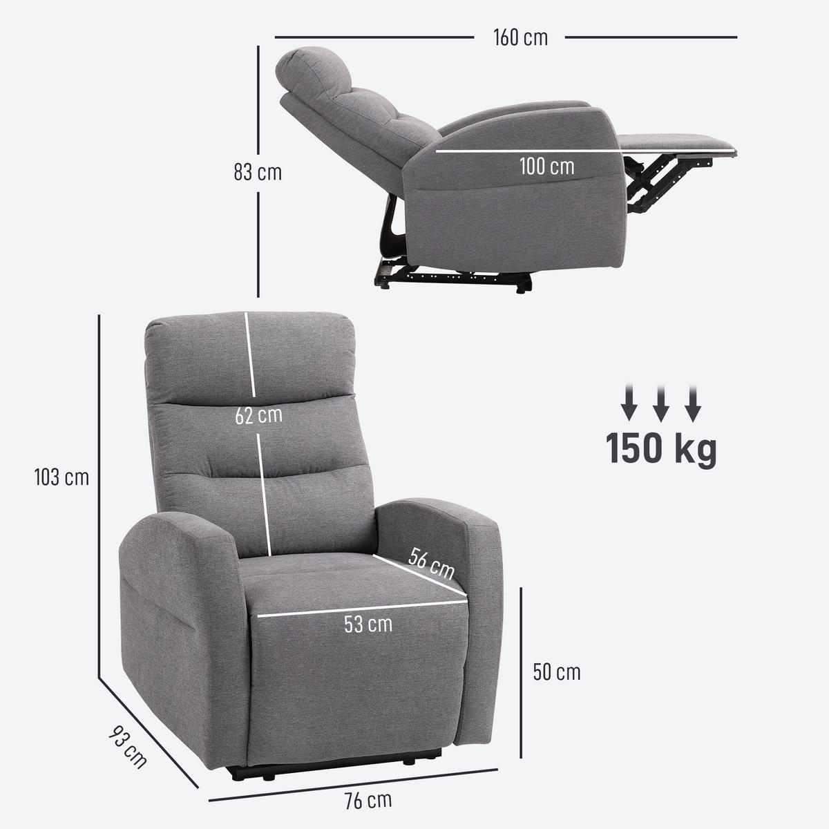 RELAXSESSEL, Fernsehsessel mit Liegefunktion, Dunkelgrau - Dunkelgrau, Kunststoff (93/103/76cm) - HOMCOM