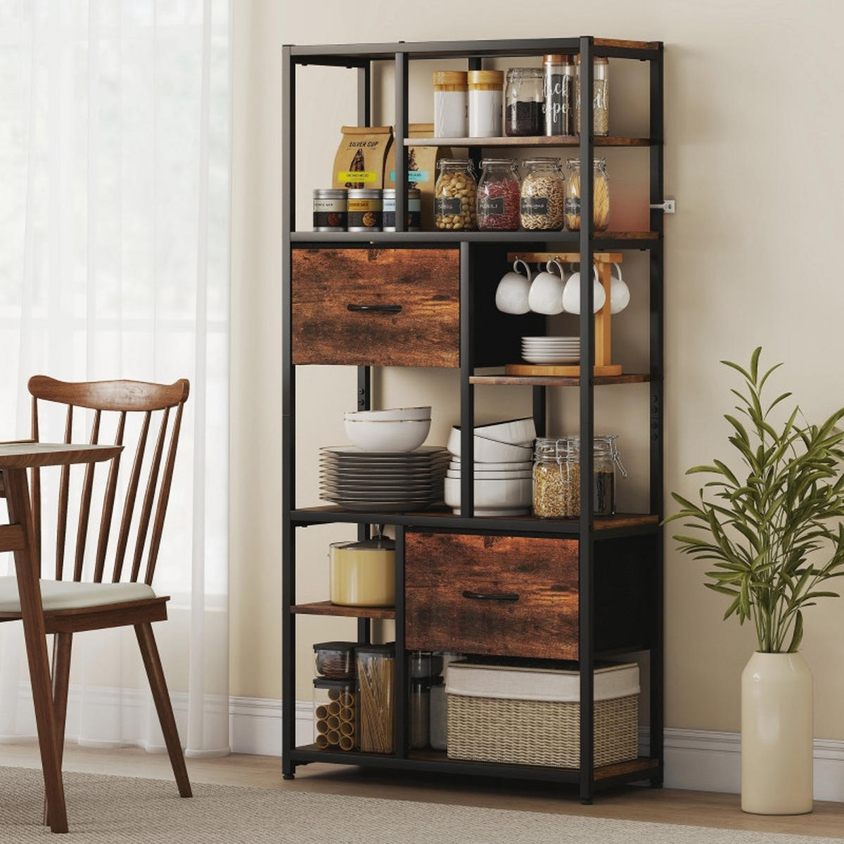 BÜCHERREGAL 72,5/30/150 cm mit 9 offenen Fächern und 2 Stoffschubladen - Braun, Holzwerkstoff (72.5/150/30cm) - BEAOK