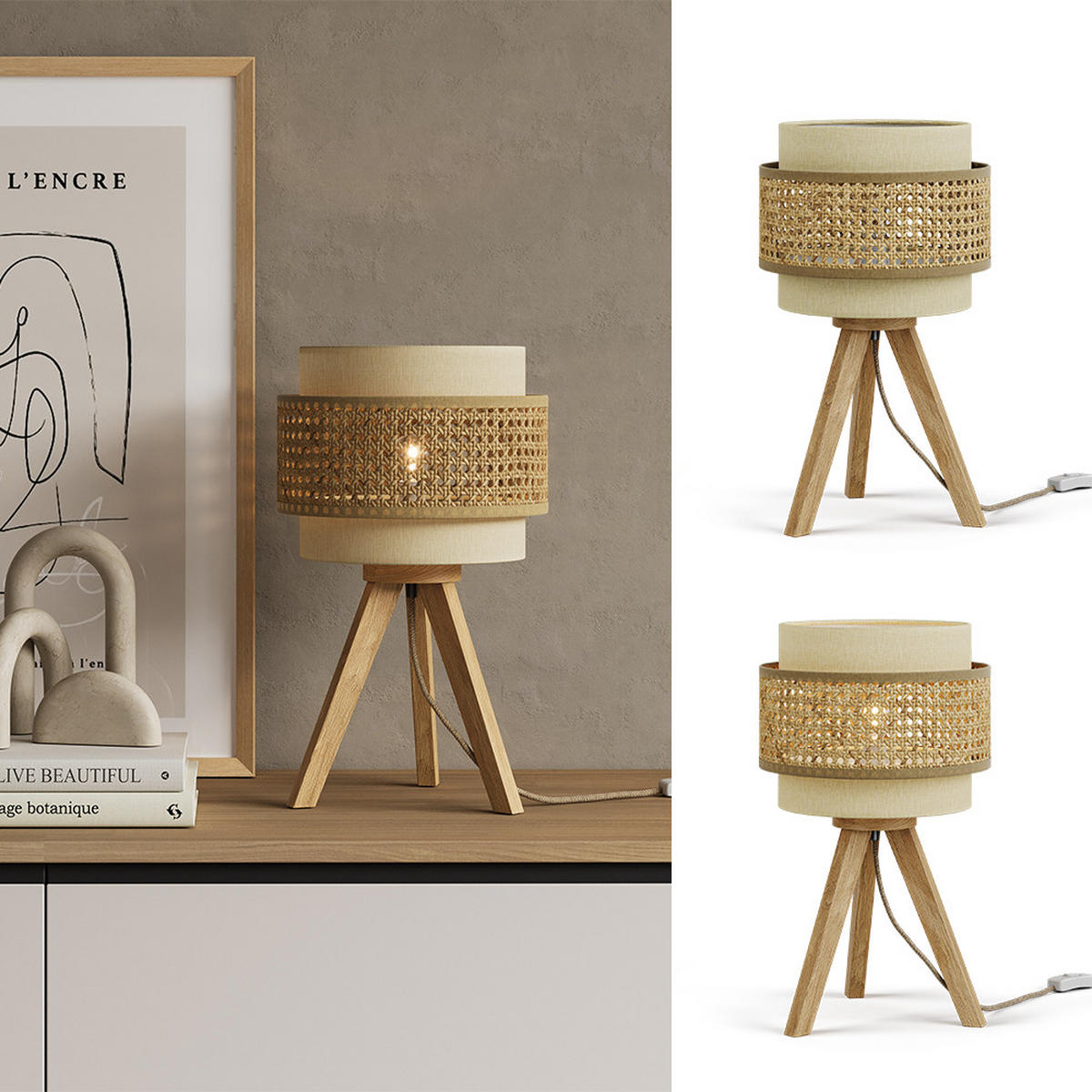 TISCHLAMPE Morten Rattan/Creme 26 x 45 cm mit Standfuß - Creme/Braun, Holz (26/26/45cm) - Vicco