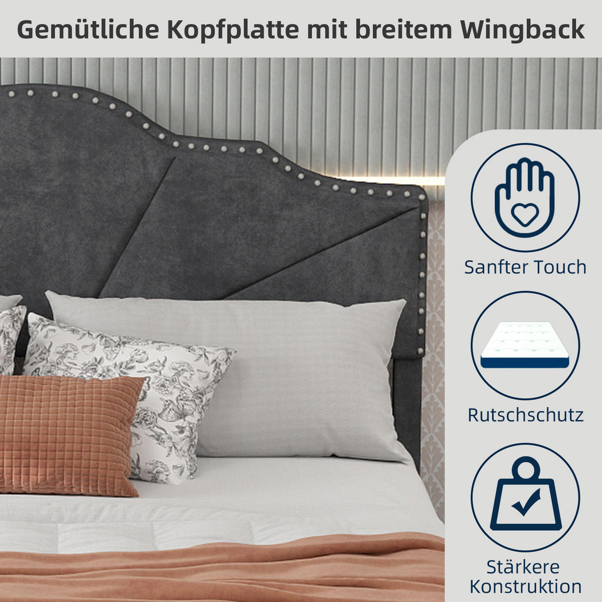 POLSTERBETT 160/200 cm in Grau Stoff mit geometrischem Kopfteil - Grau, Holzwerkstoff/Textil (160/200cm) - WISHDOR