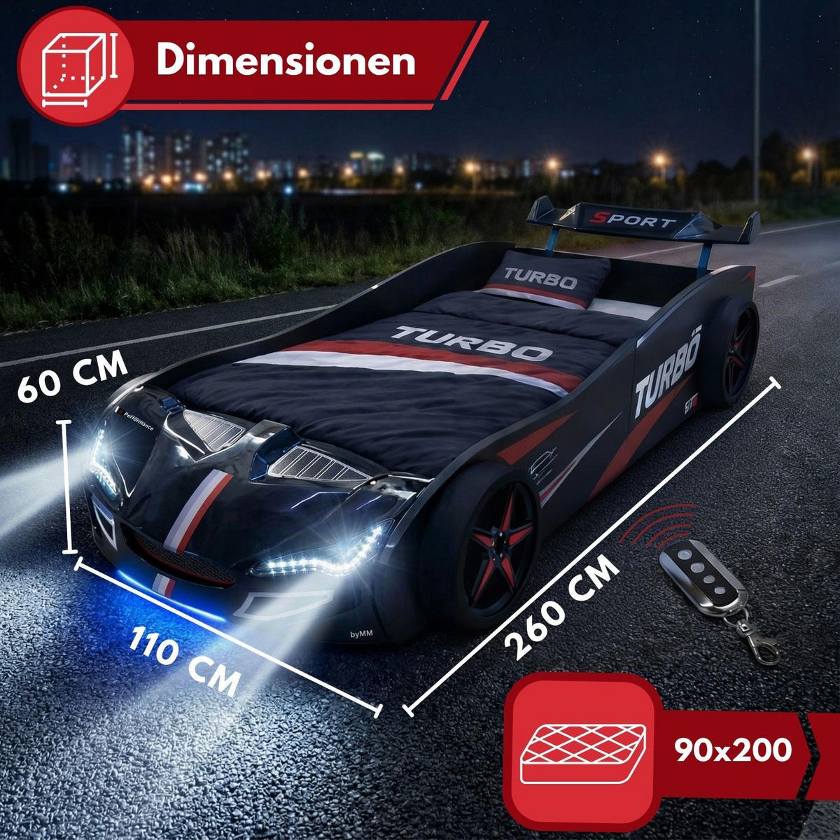 AUTOBETT GTE mit Rollrost, Licht und Sound Farbe Schwarz - Schwarz, Holzwerkstoff (90/200cm) - Coemo