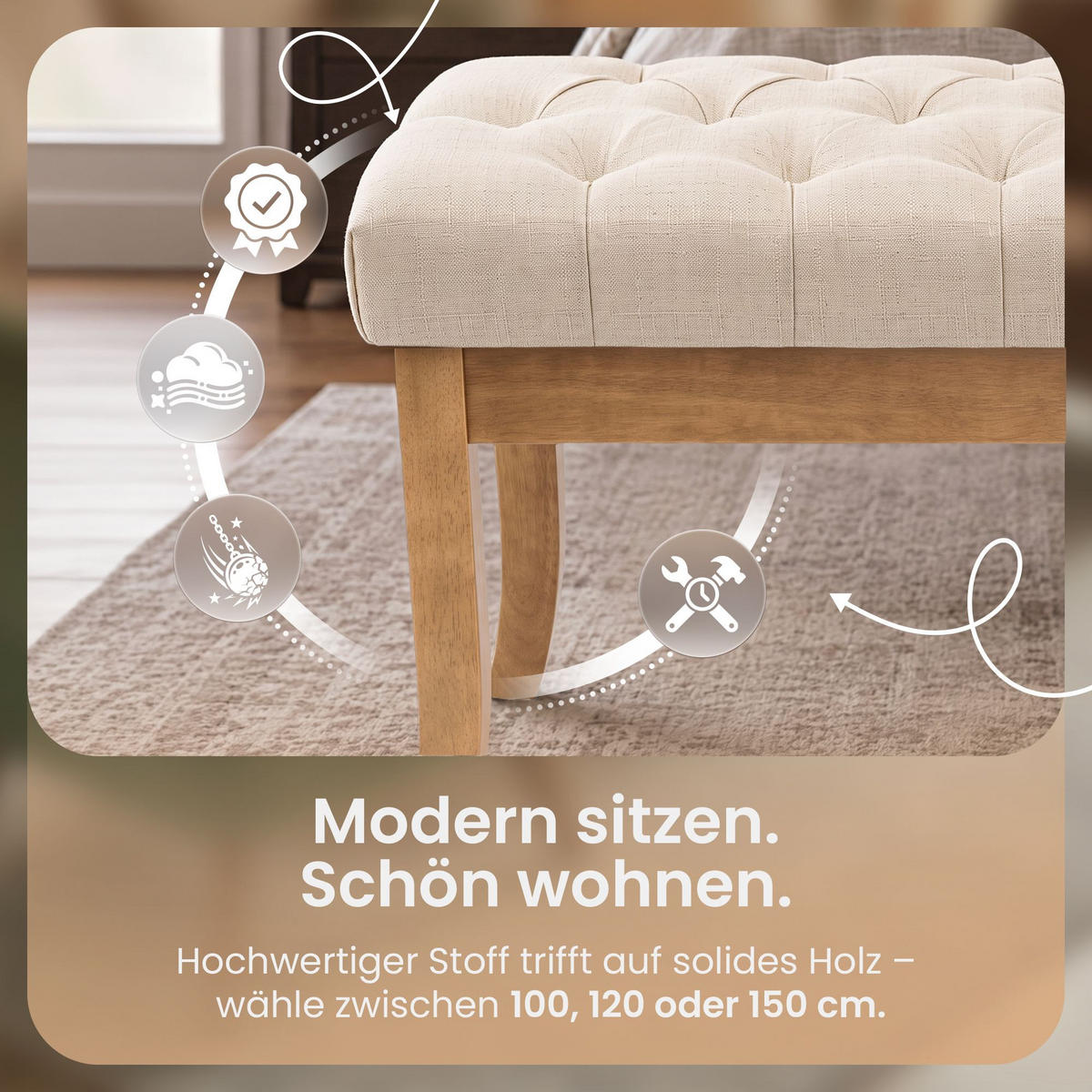 SITZBANK 100/38 cm Stoff Creme - Creme/Naturfarben, Holz/Textil (100/46/38cm) - CLP