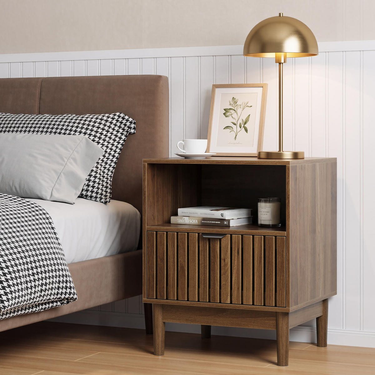 NACHTTISCH aus MDF 45x39x56,5 cm Walnussfarben mit Schublade, offener Ablage und Metallgriff - Walnussfarben, Holzwerkstoff (45/56/39cm) - Modfu