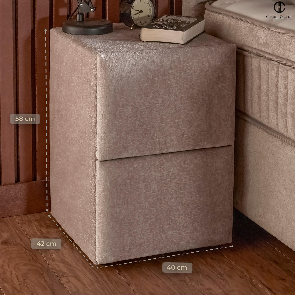 NACHTTISCH COMO 40/42/58 cm, Beige, zwei Schubladen - Beige/Schwarz, Holz/Kunststoff (40/58/42cm) - Consilio Concept