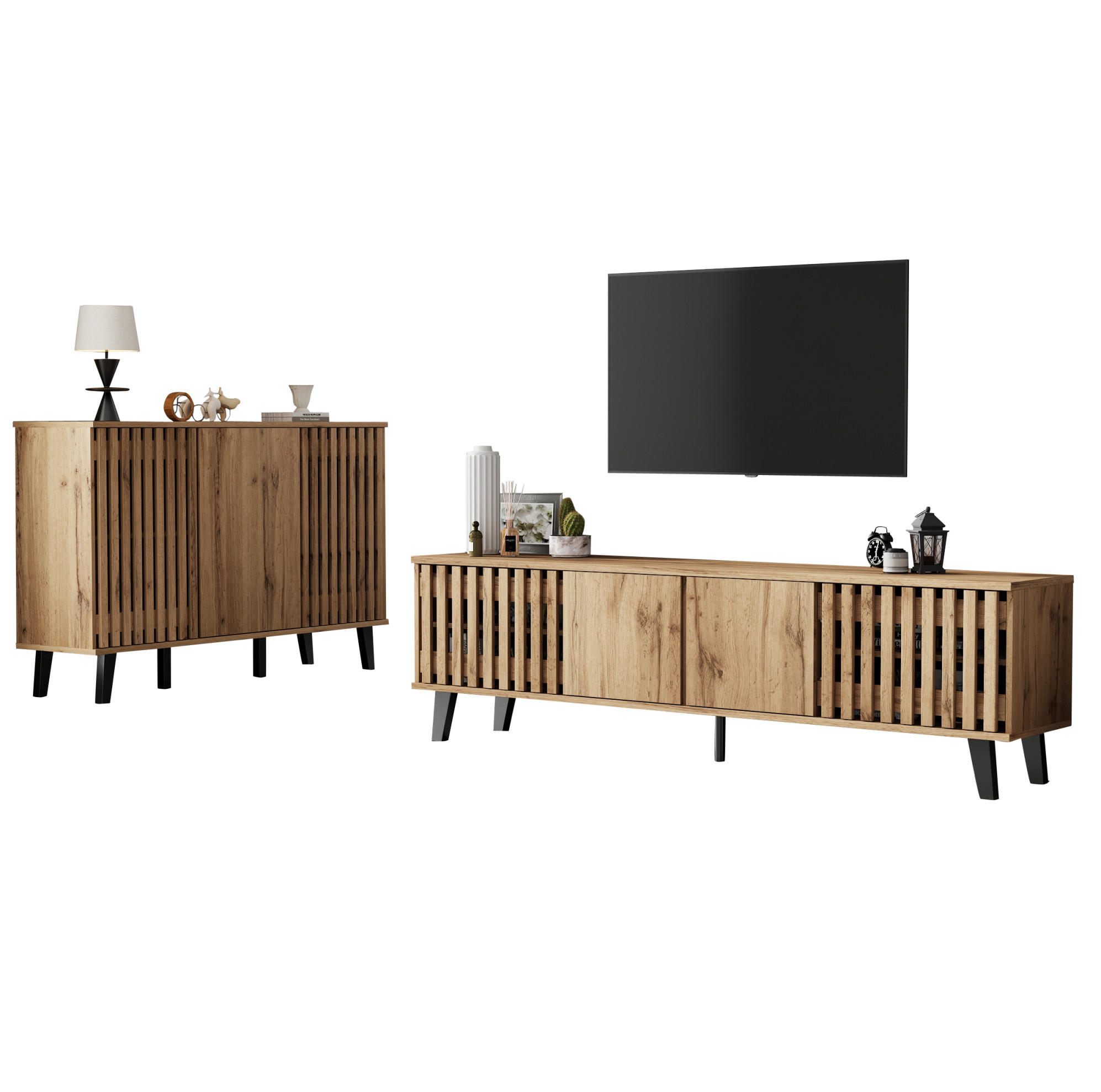 LOWBOARD TV-Schrank- und Sideboard-Set 180/40/55 und 150/40/95 cm aus Holzwerkstoff mit 14 Fächern Naturfarben - Hellbraun, Holzwerkstoff (180/55/40cm) - Modenvie