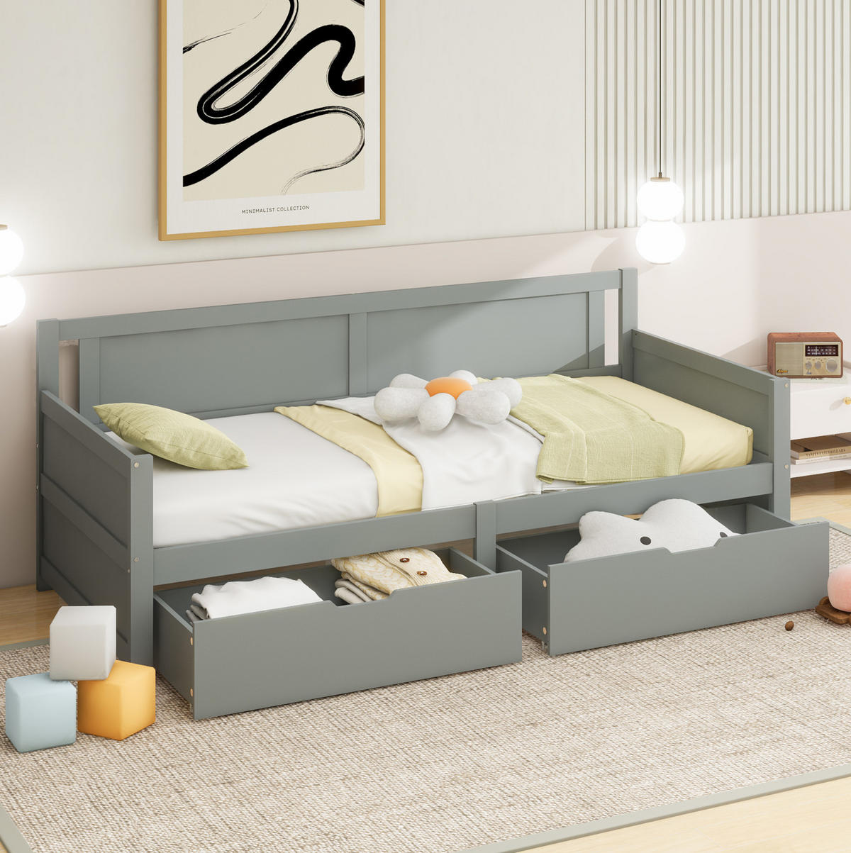 KINDERBETT 90/200 cm als Schlafsofa mit 2 Schubladen und rahmen, Grau - Grau, Holzwerkstoff (90/200cm) - Redom