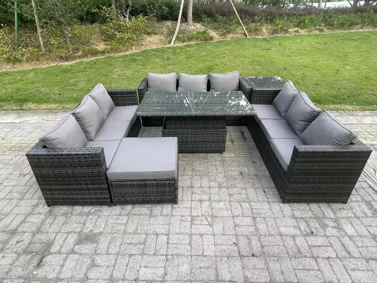 GARTENMÖBEL HÖHENVERSTELLBARER ESSTISCH SET MIT HOCKER Polyrattan Outdoor 10-Sitzer - Dunkelgrau/Grau, Glas/Kunststoff - Fimous