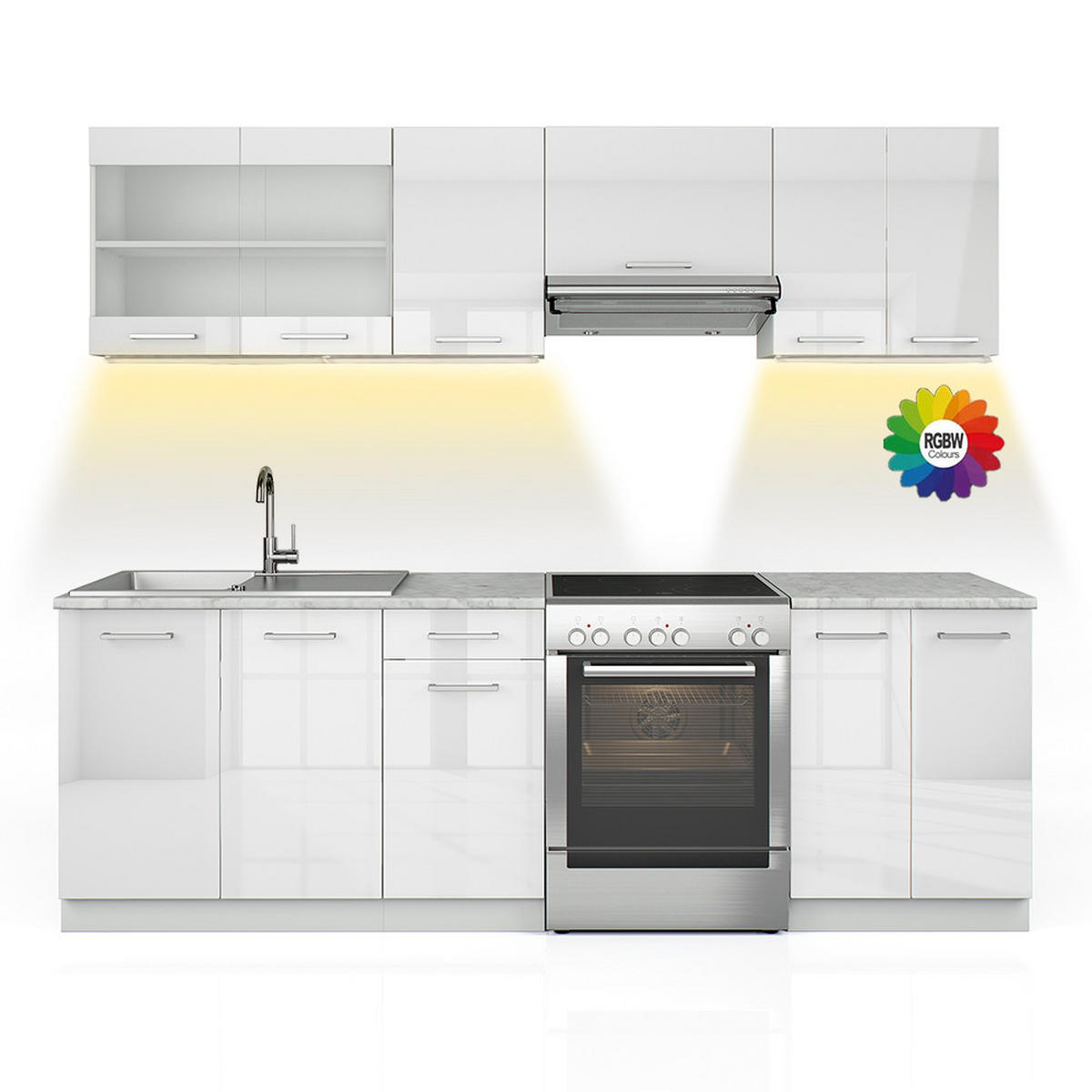 KÜCHENZEILE Raul Weiß 240 cm, AP Marmor mit LED-Leisten - Weiß Hochglanz/Weiß, Holzwerkstoff (240/81.6/60cm) - Vicco