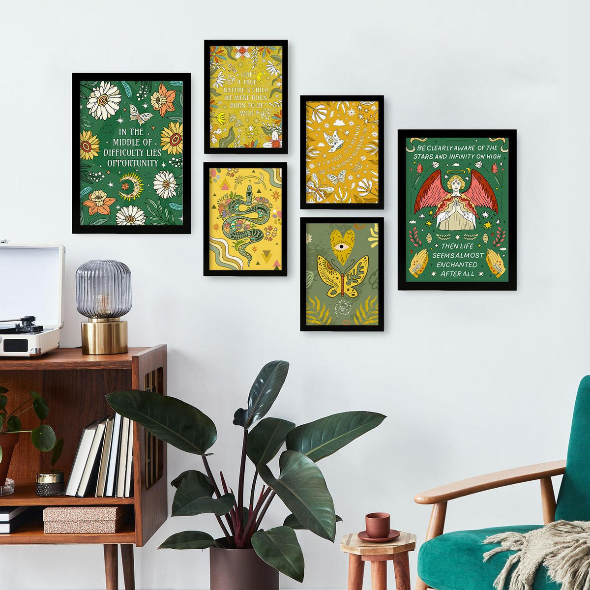 POSTER Set Mit 6 Drucken Von I'M Free In Brilliant Groovy Style Collection Dekorative Rahmen Für Ihr Zuhause Wandkunstdruck A3 & A4 Schwarzer Rahmen - Schwarz, Papier (29/3cm) - Nacnic