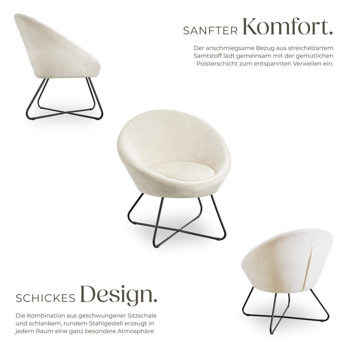 COCKTAILSESSEL Centera,83 x 73 x 82 cm,Samtoptik beige - Beige, Metall (83/82/73cm) - tectake