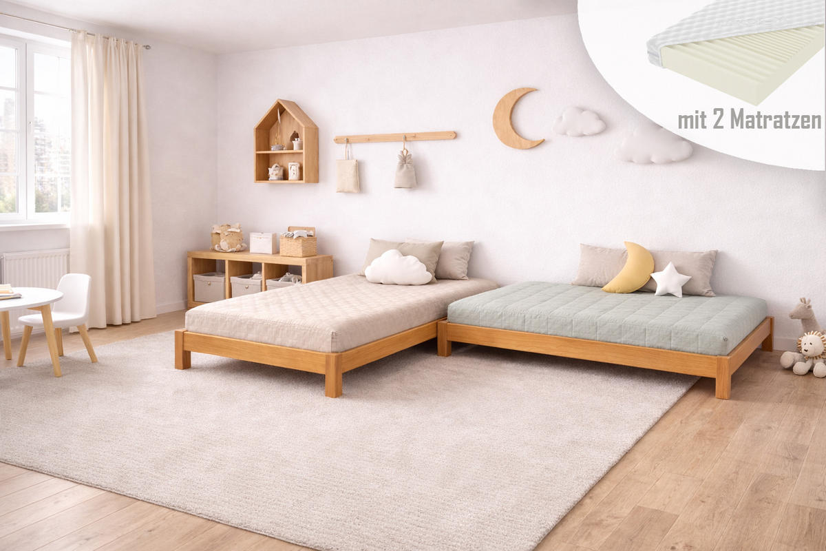 STAPELBETTEN 2-er Set Sendi 200x80 in Teak mit 2 Matratzen & 2 Lattenrosten - Braun, Holzwerkstoff - LUKDOM