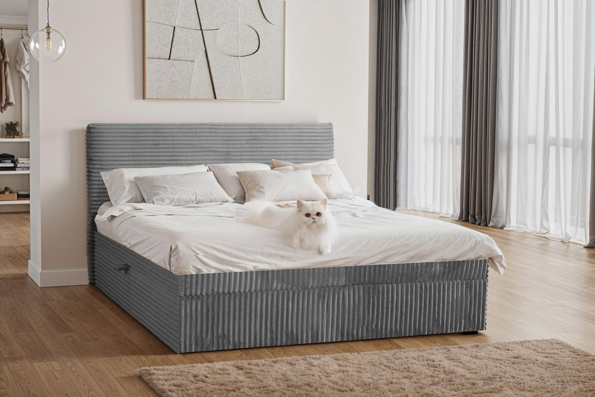 BOXBETT Bettkasten Und Topper TRENTO Ohne Bein Stoff Plüsch Cord 180x200 cm Dunkelgrau H3-Bonell - Dunkelgrau, Holz/Textil (180/200cm) - Kaiser Möbel