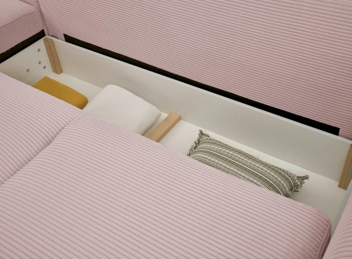 ECKSOFA beidseitig montierbar, Schlaffunktion mit Bettkasten und Nosagfederung in Breitcord - Schwarz/Rosa, Textil (318/197cm) - ed exciting design