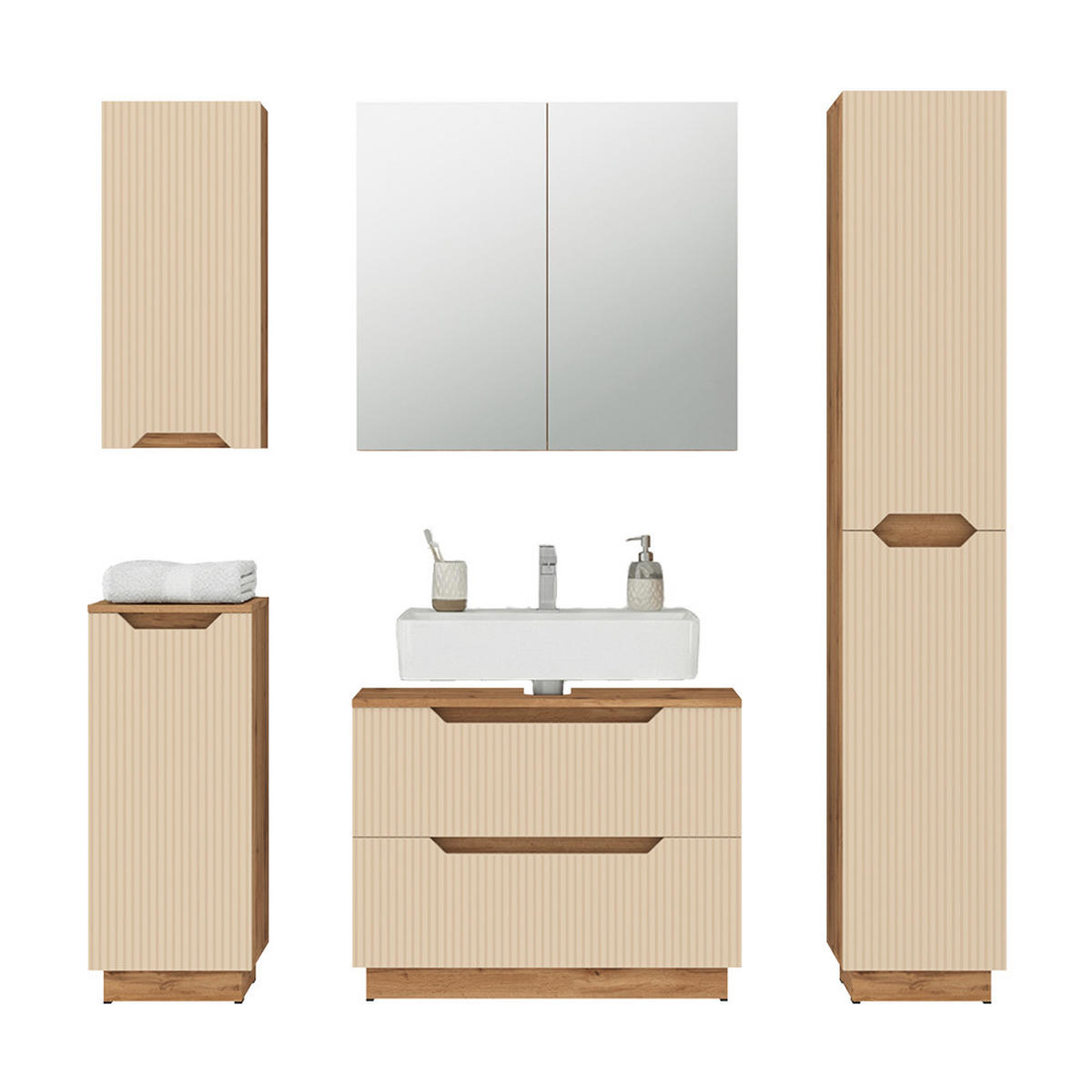 BADMÖBEL-SET Lotta Eiche/Kaschmir gestreift 5 Teile - Kaschmir, Holzwerkstoff (79.6/62.1/32cm) - Vicco