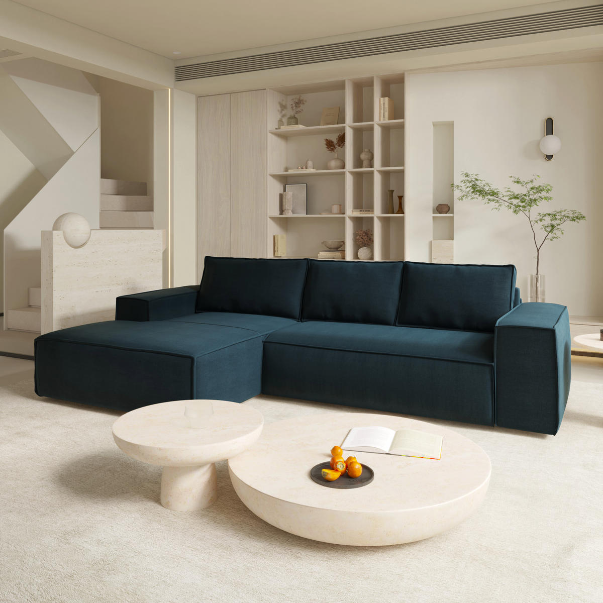 ECKSOFA LINKS Samt Pfauenblau 302cm - Blau/Hellblau, Textil (165/302cm) - Sia Home