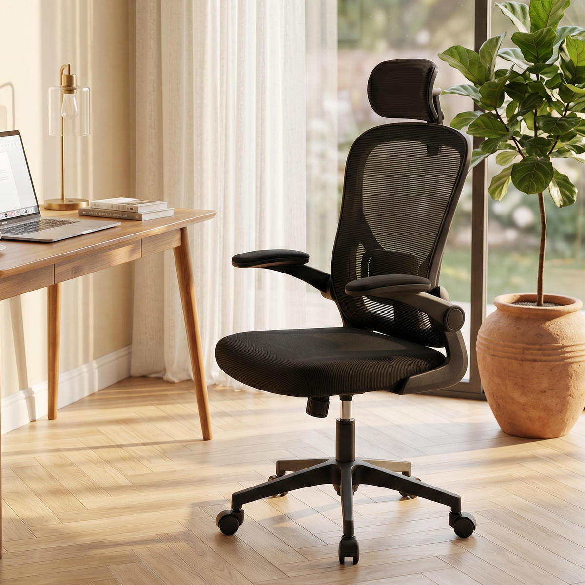 KANCELÁŘSKÁ ŽIDLE Ergonomická kancelářská židle se sklopnými područkami Černá - černá, textil/plast (63/125/64cm) - HOMCOM