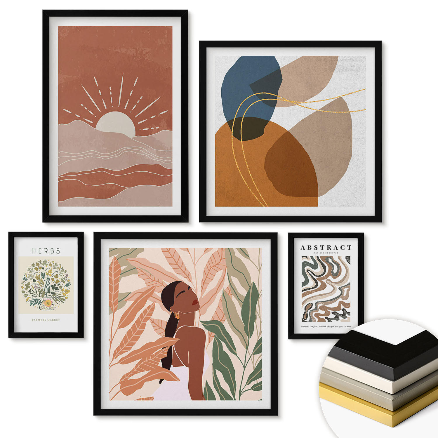 WANDBILDER 5er-Set - 50x50 cm & 20x30 cm & 40x60 cm Schwarzer Rahmen - Boho-Ästhetik, Pastellposter - Schwarz, Kunststoff (40/60cm) - ArtPrintCave