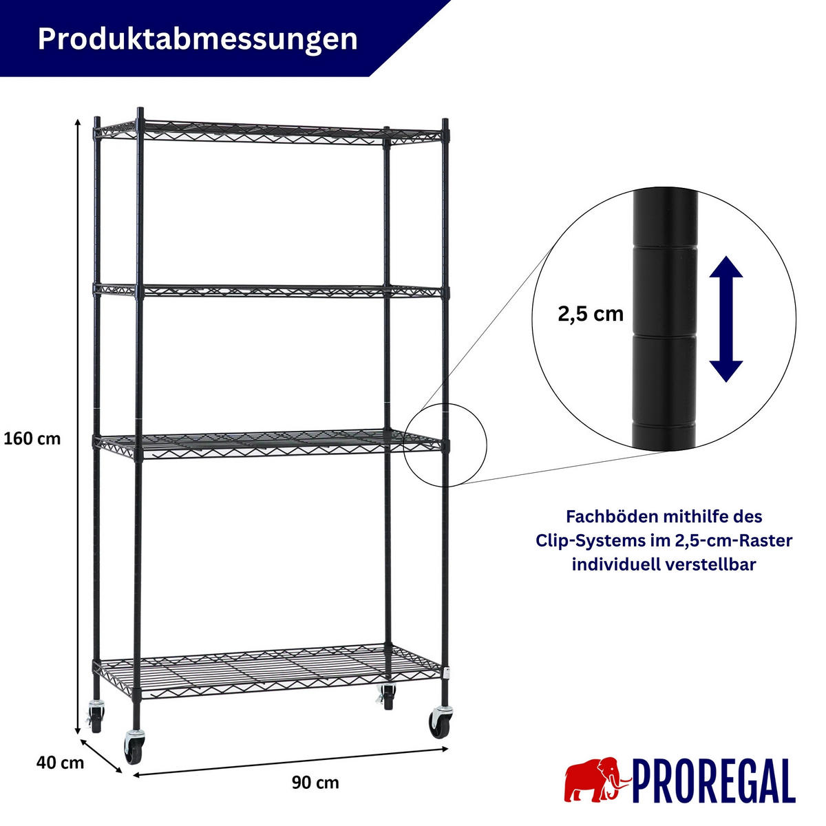GITTERREGAL HADES mit Rollen & 4 Gitterböden Metall 160x90x40cm Schwarz - Schwarz, Metall (90/160/40cm) - PROREGAL