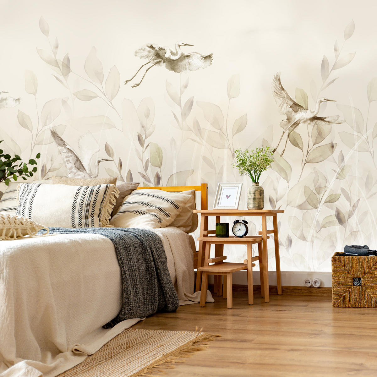 FOTOTAPETE Vögel Blätter Wiese Retro Stil 350x256 - Beige, Papier (350/256cm) - Muralo