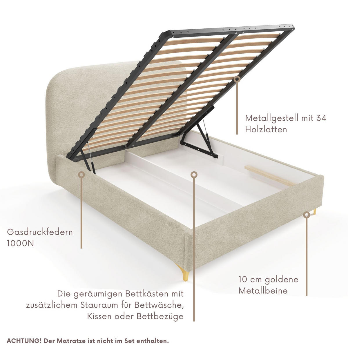 POLSTERBETT LANA Bettkasten Lattenrost 180x200 Beige - Beige, Holz (180/200cm) - Furnistar