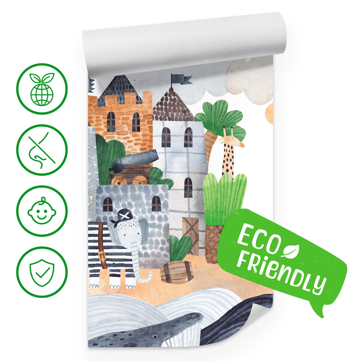 FOTOTAPETE für Kinderzimmer Märchen Piratenfestung Schiff Meereswellen 100x70 - Blau/Beige, Papier (100/70cm) - Muralo