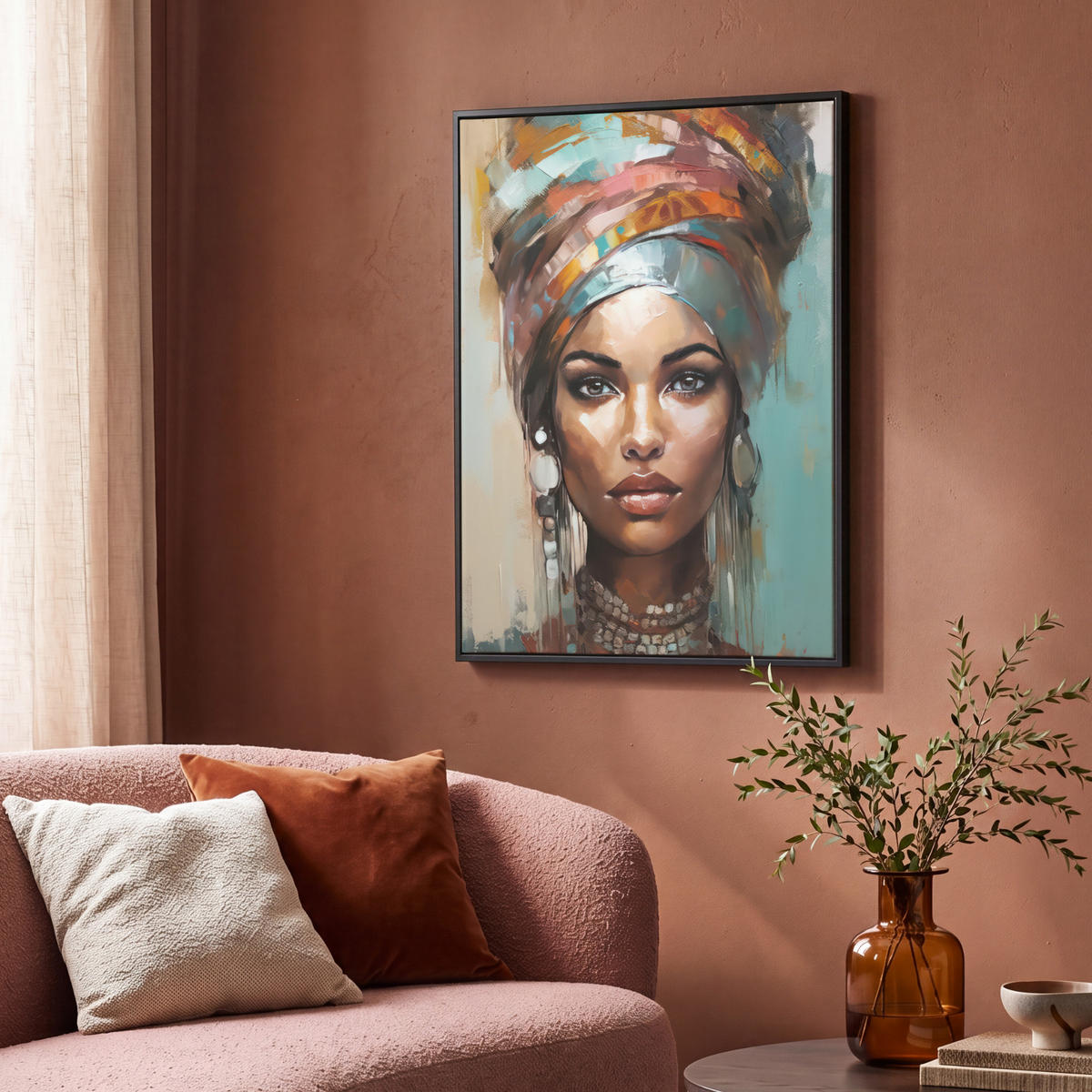 LEINWAND Bilder mit Rahmen - Frau - Kunst - Schmuck - Porträt - 70x100 - Blaugrau, Textil (70/100cm) - MuchoWow