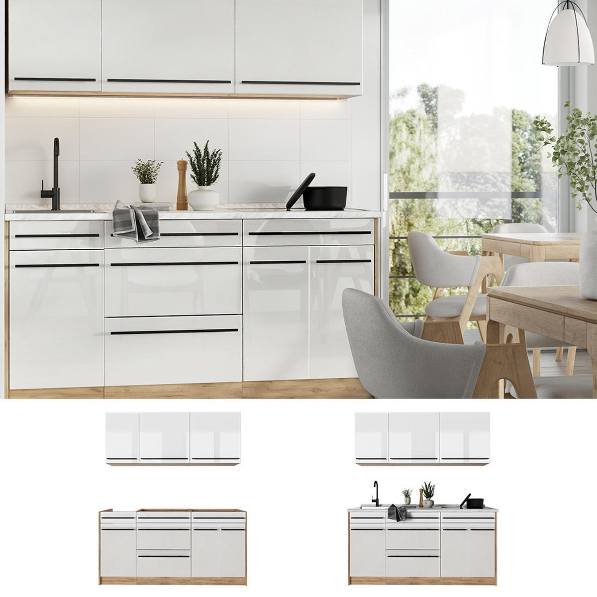 SINGLEKÜCHE R-Line, Weiß Hochglanz/Goldkraft Eiche, 160 cm Arbeitsplatte Goldkraft Eiche - Honigeiche/Weiß Hochglanz, Holzwerkstoff (160/81.6/60cm) - Vicco