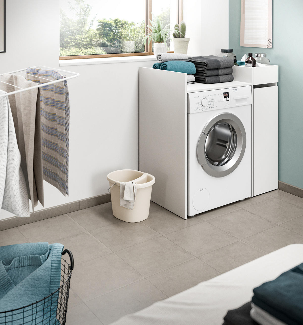 WASCHMASCHINENUMBAU Set weiß 2-teilig, Überbauschrank und Anstellregal 95 x 101 cm - Schwarz/Weiß, Holzwerkstoff/Kunststoff (95/101/60cm) - Inn.Furn