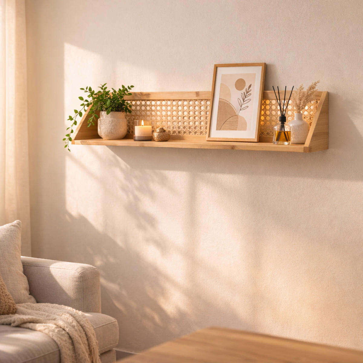 WANDREGAL aus Bambus und natürlichem Rattan 60/15/15 cm - Eschefarben, Holzwerkstoff (15/15/32cm) - Calicosy