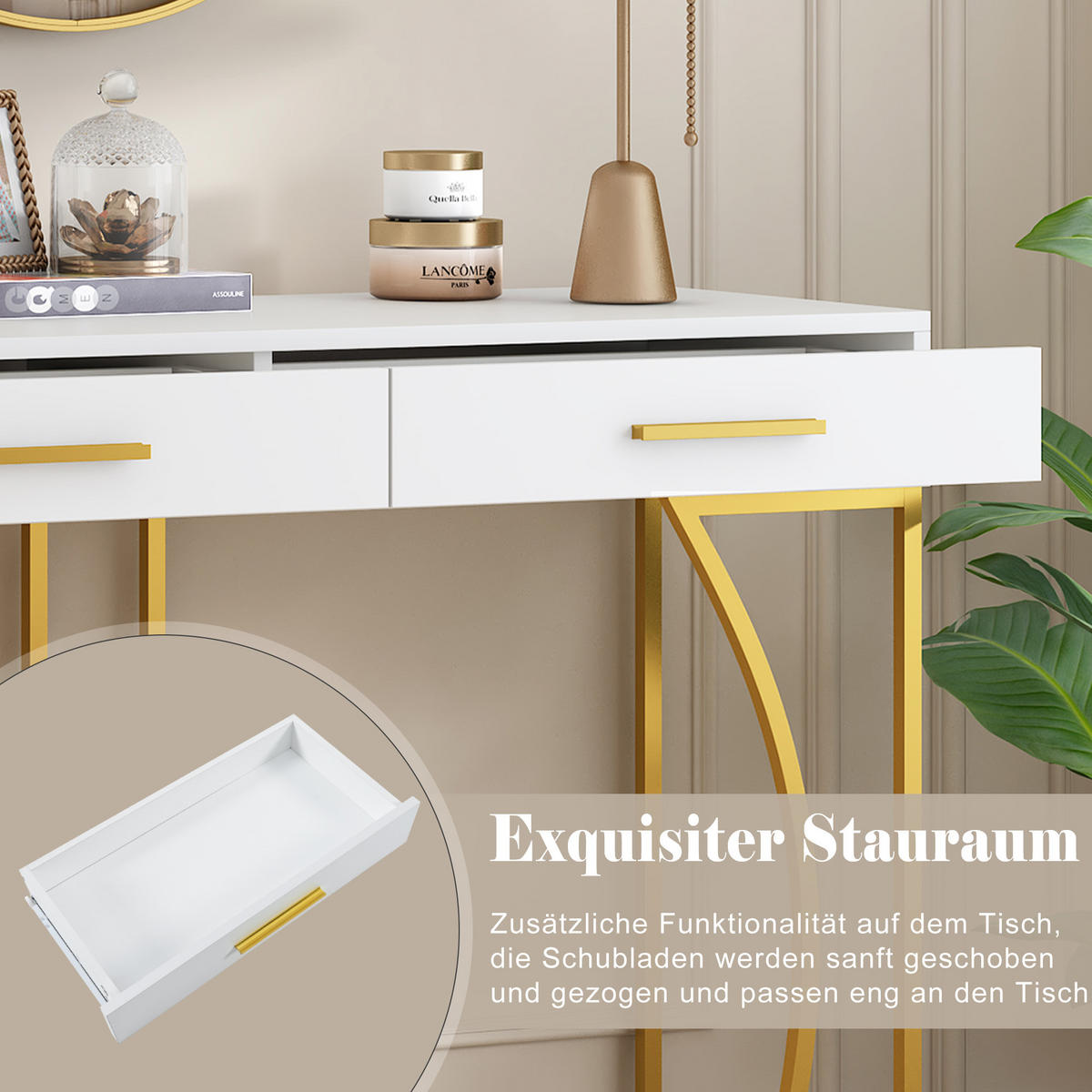 KONSOLENTISCH Golden und Weiß 110/32/85CM - Weiß, Holzwerkstoff/Metall (110/32/85cm) - Urban Meuble