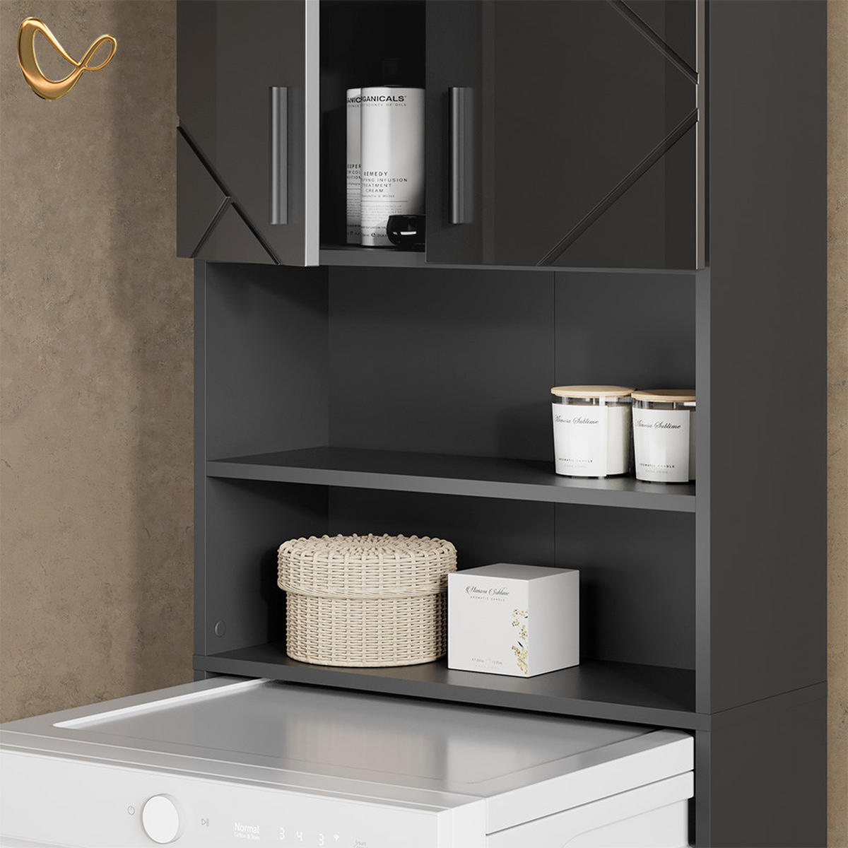 WASCHMASCHINENSCHRANK Ronco Anthrazit Hochglanz 64 x 190.5 cm - Anthrazit, Holzwerkstoff (64/190.5/26cm) - Livinity®