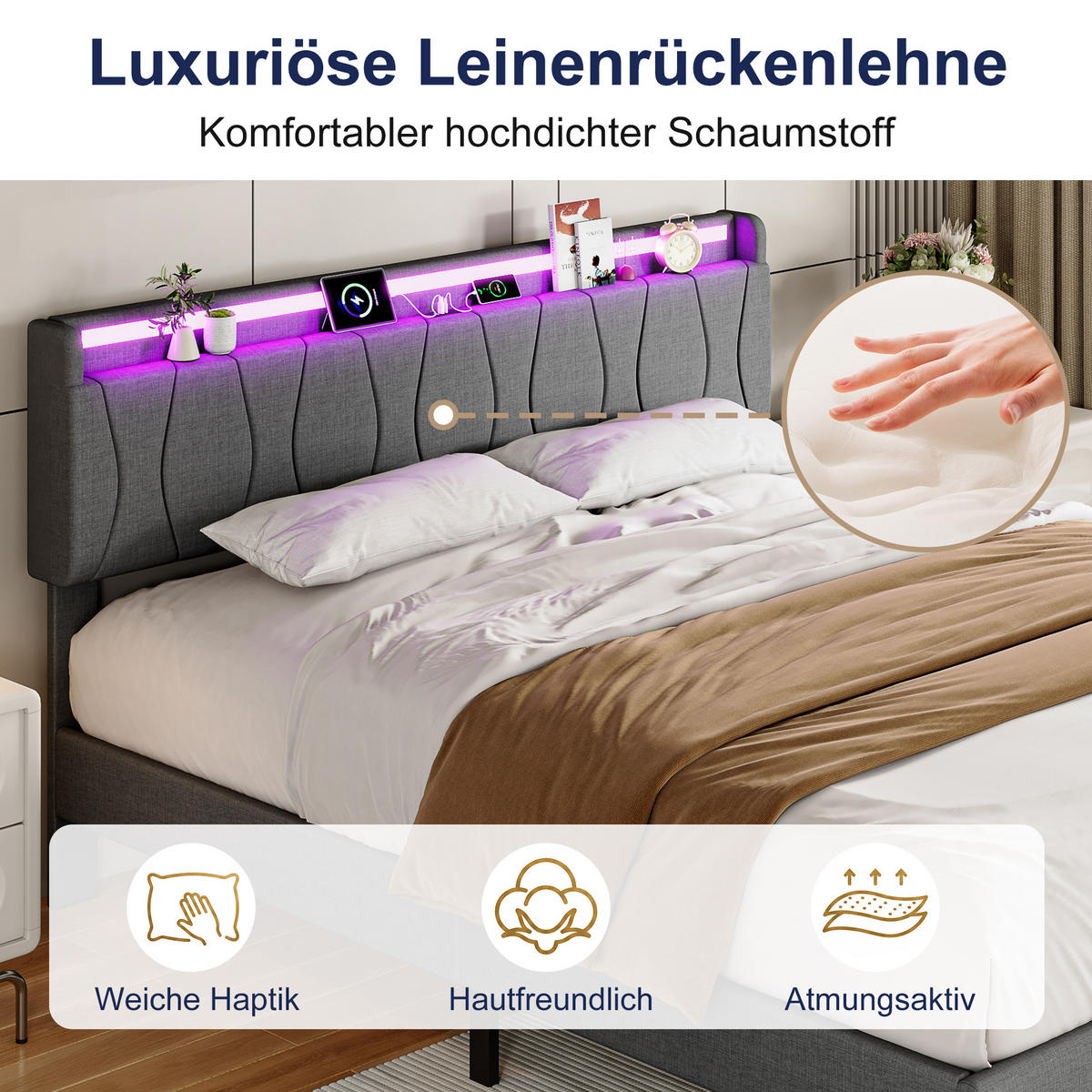 POLSTERBETT 160x200 cm mit LED & USB, Lattenrost, Grau - Grau, Metall (160/200cm)