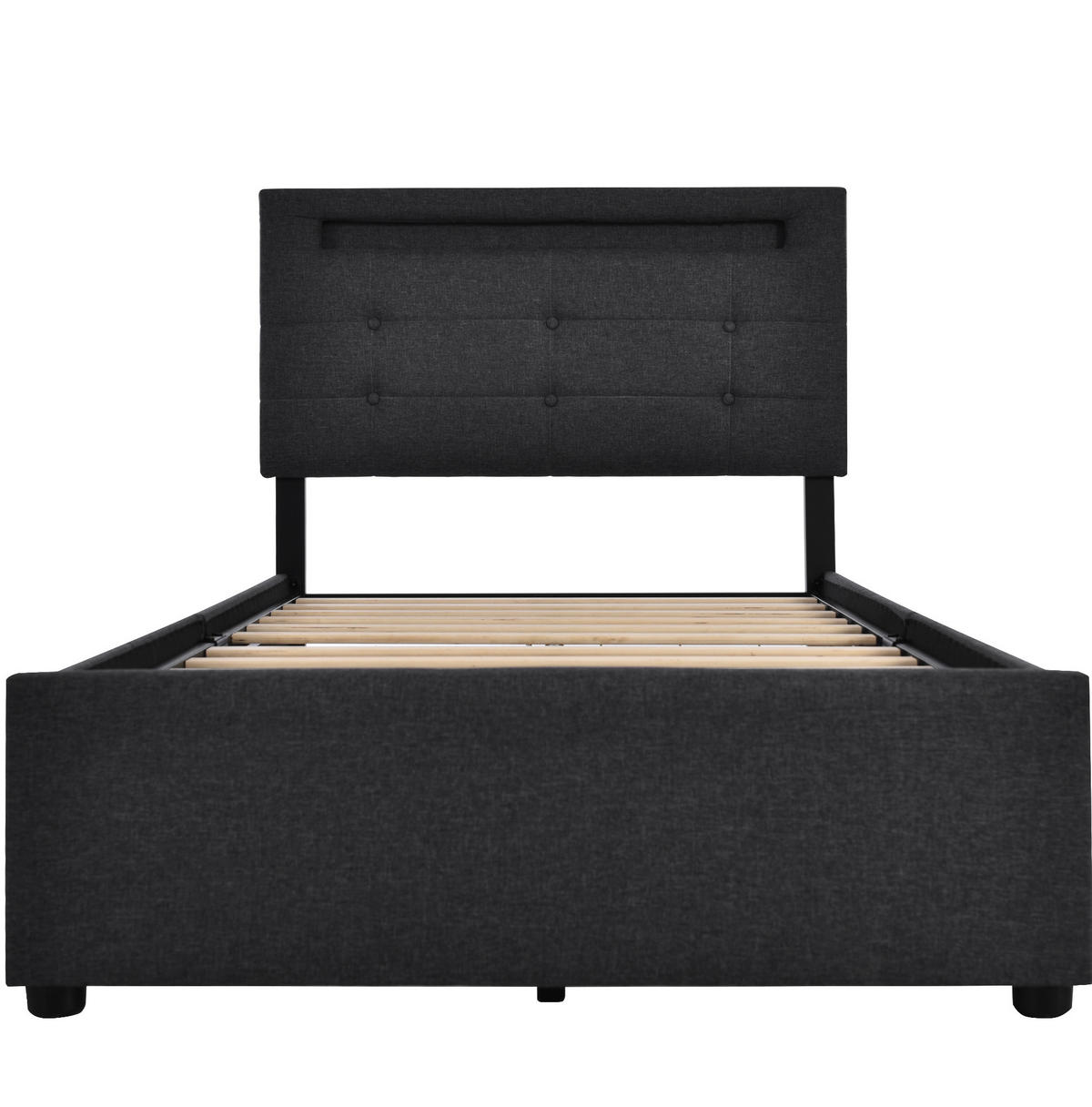 POLSTERBETT 90/200 cm Schwarz aus Leinen mit LED-Beleuchtung und 2 Schubladen - Schwarz, Textil (90/200cm) - OKMYHOME