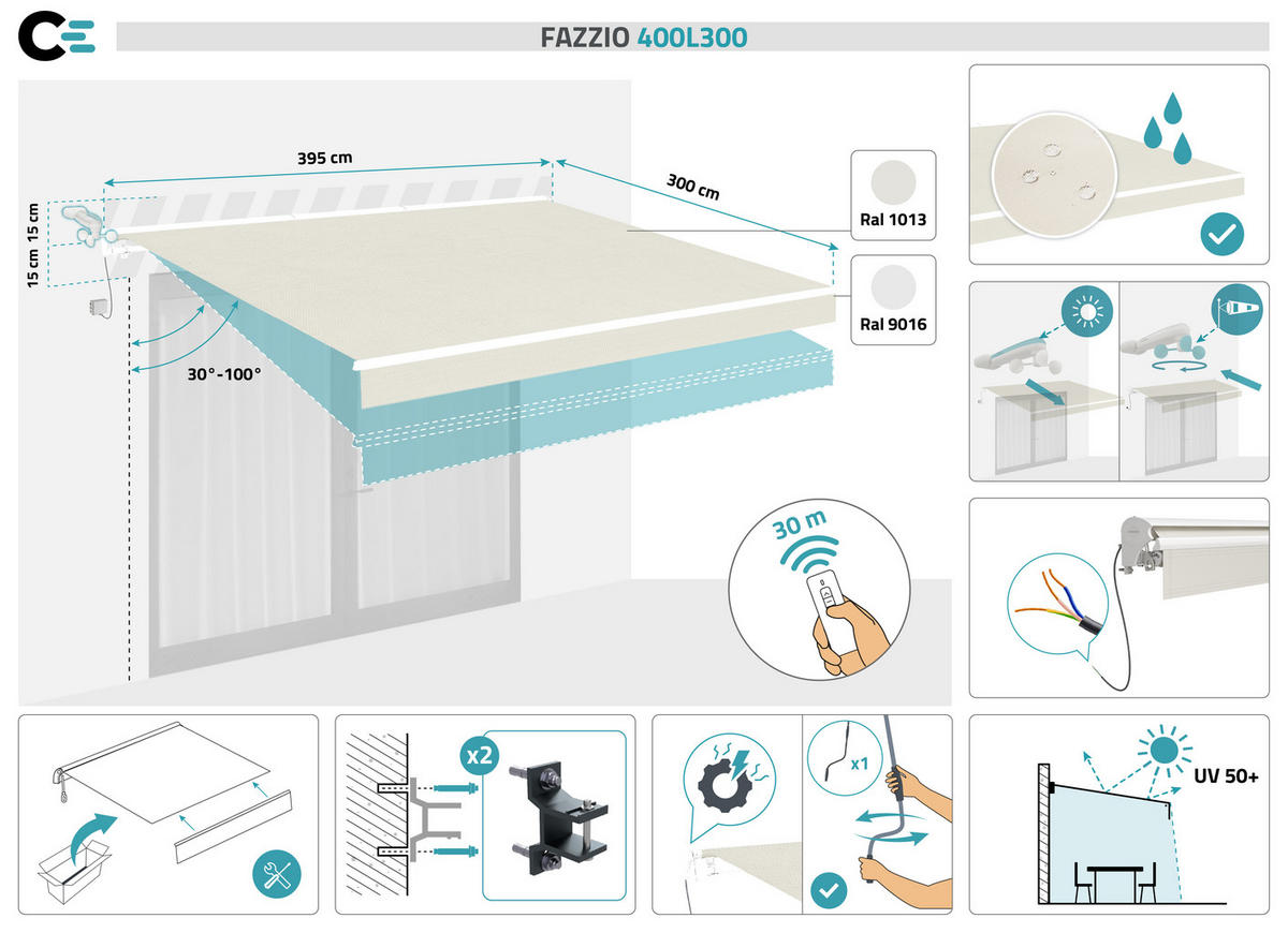 HALBKASSETTENMARKISE Fazzio Struktur weiß - leinwand Beige 4x3m motorisierte - Premium-Leinwand 320g/m² - Beige, Metall (394/218/300cm) - Cazeboo