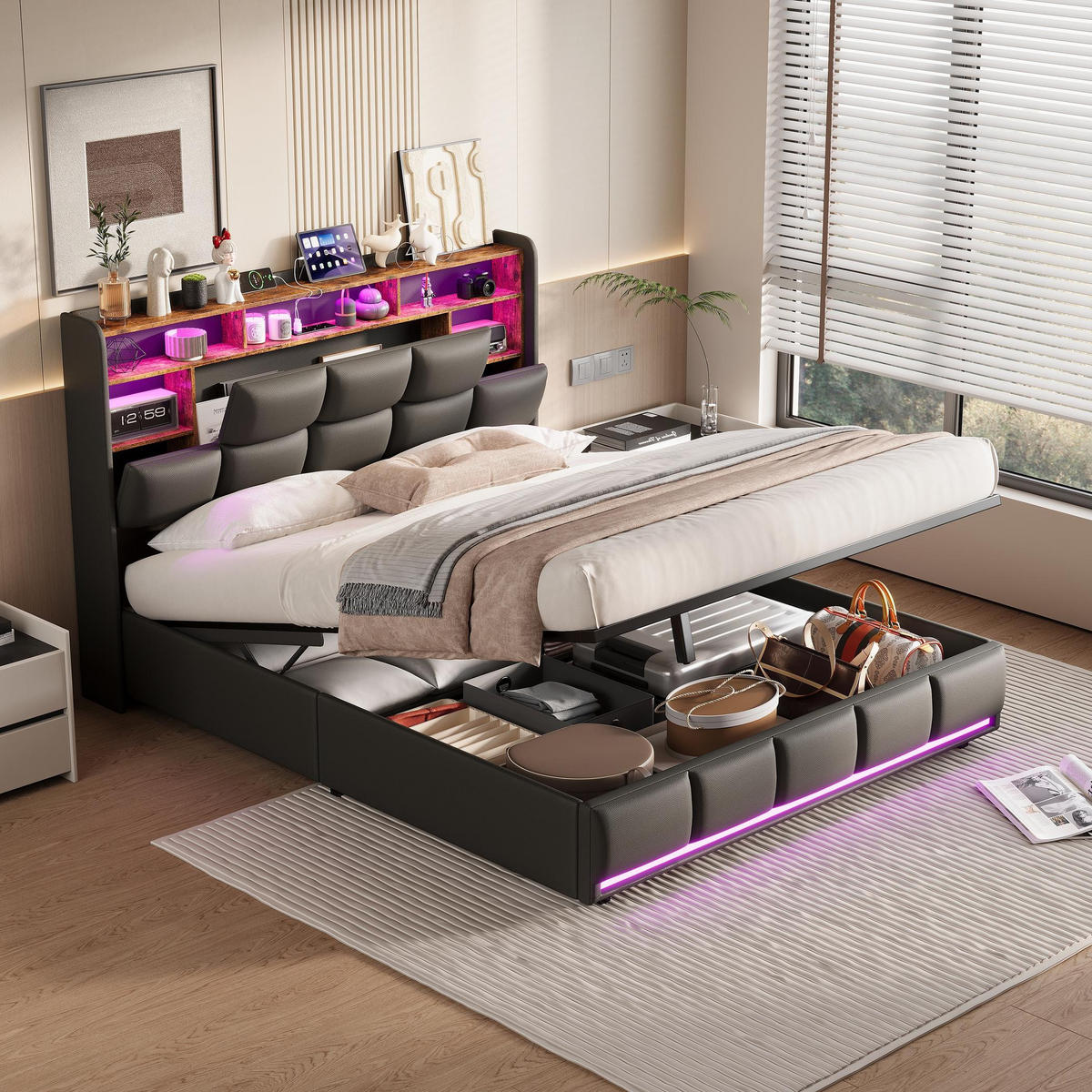 POLSTERBETT 140x190cm Polsterbett mit LED-Beleuchtung und Stauraum – Schwarz PU - Schwarz, Textil (140/190cm) - DELFA