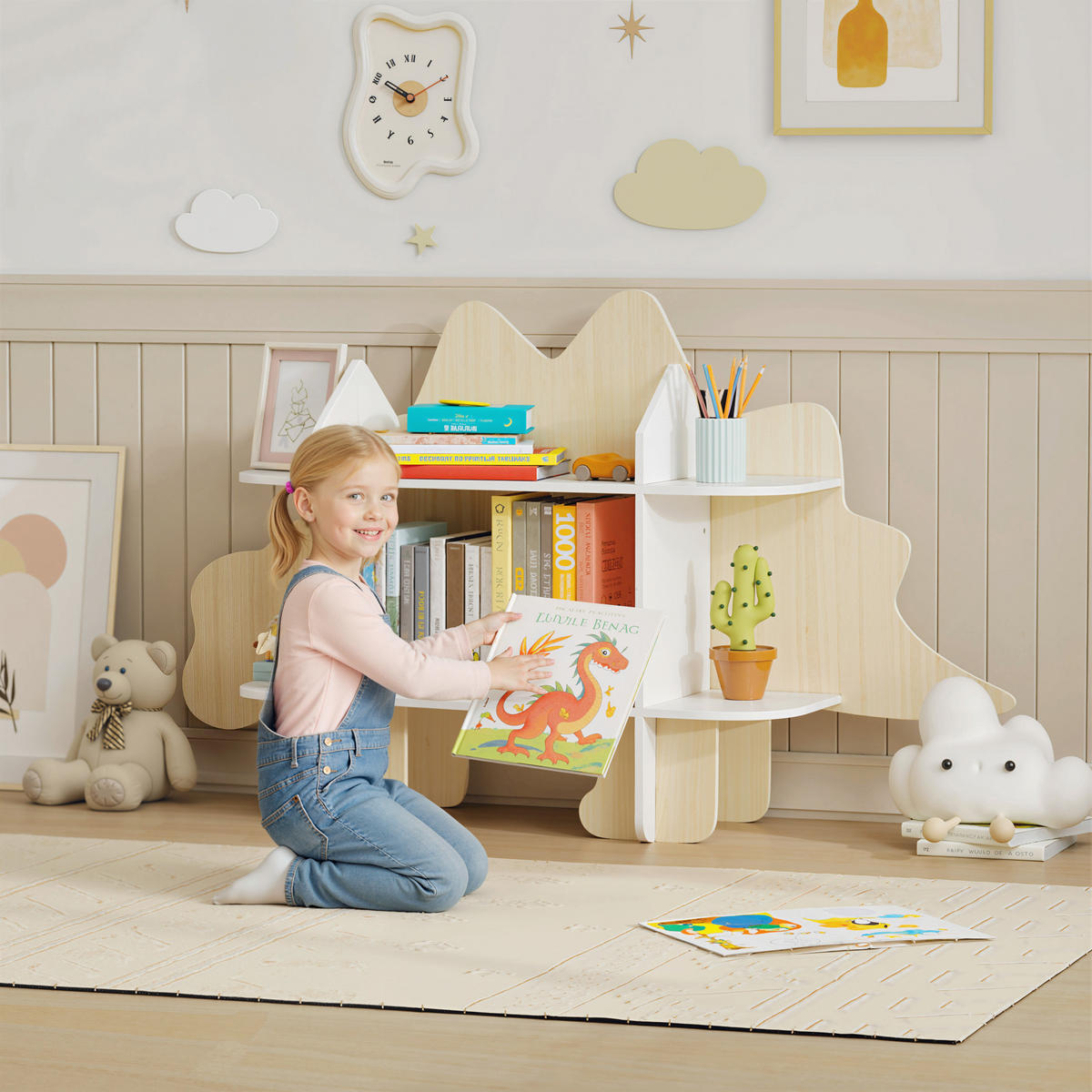 KINDERREGAL DE-17277 6 Fächer, Dinosaurier-Design Naturholz - Naturfarben, Metall (120/72.2/28cm) - ComfortXL