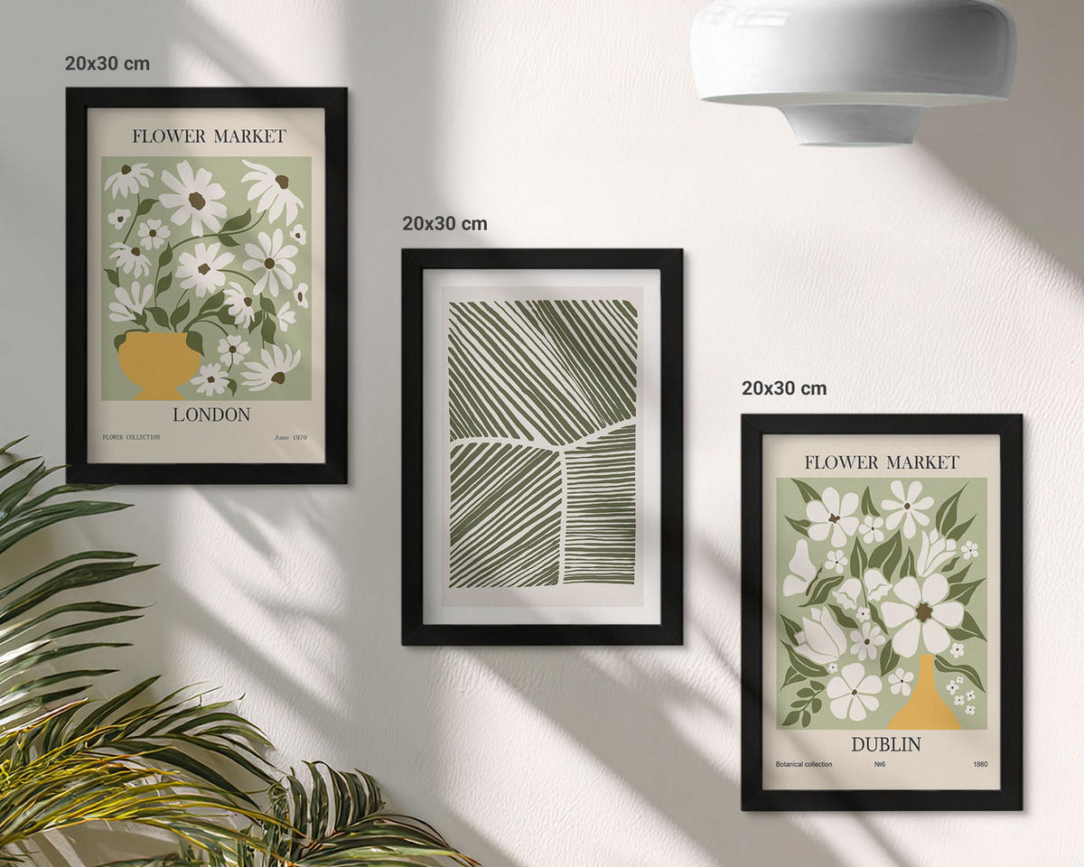 WANDBILDER 3er-Set - 20x30 cm Schwarzer Rahmen - Blumenmuster London Dublin - Schwarz, Kunststoff (20/30cm) - ArtPrintCave