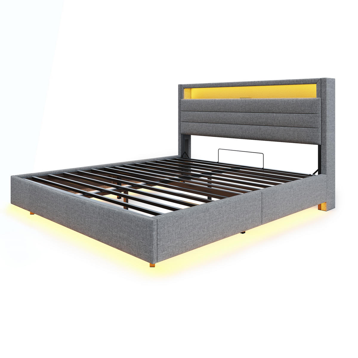 POLSTERBETT 160/200 cm mit Stauraum und LED-Beleuchtung aus Leinen grau - Grau, Textil (160/200cm) - OKWISH